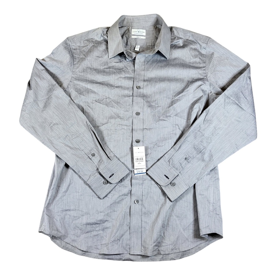 Lucky Brand Mens Gray Slim Fit Button Down Long Sleeve Dress Shirt Large‎ NWT